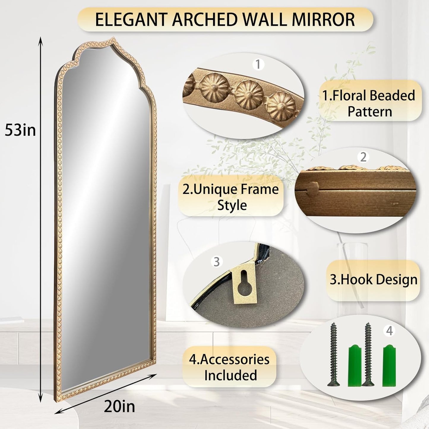Large Arch Mirror, 20"x53" Gold Arched Floor Mirrors for Dressing, Metal Beaded Frame Decorative Vintage Mirror, Scalloped Full Length Mirrors for Living Room Bedroom Hallway Entryway
