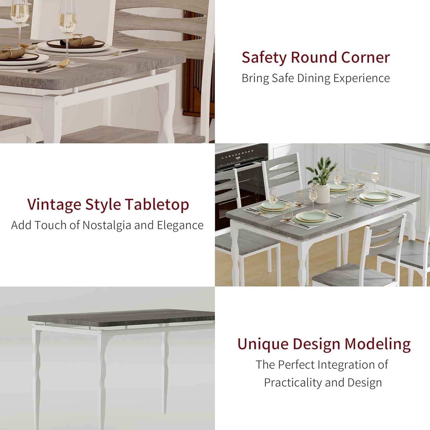 GarveeHome 5 Piece Dining Table Set, Industrial Style Dining Table and Chairs Set for 4, Kitchen Table Set for Dining Room Kitchen Apartment, Grey