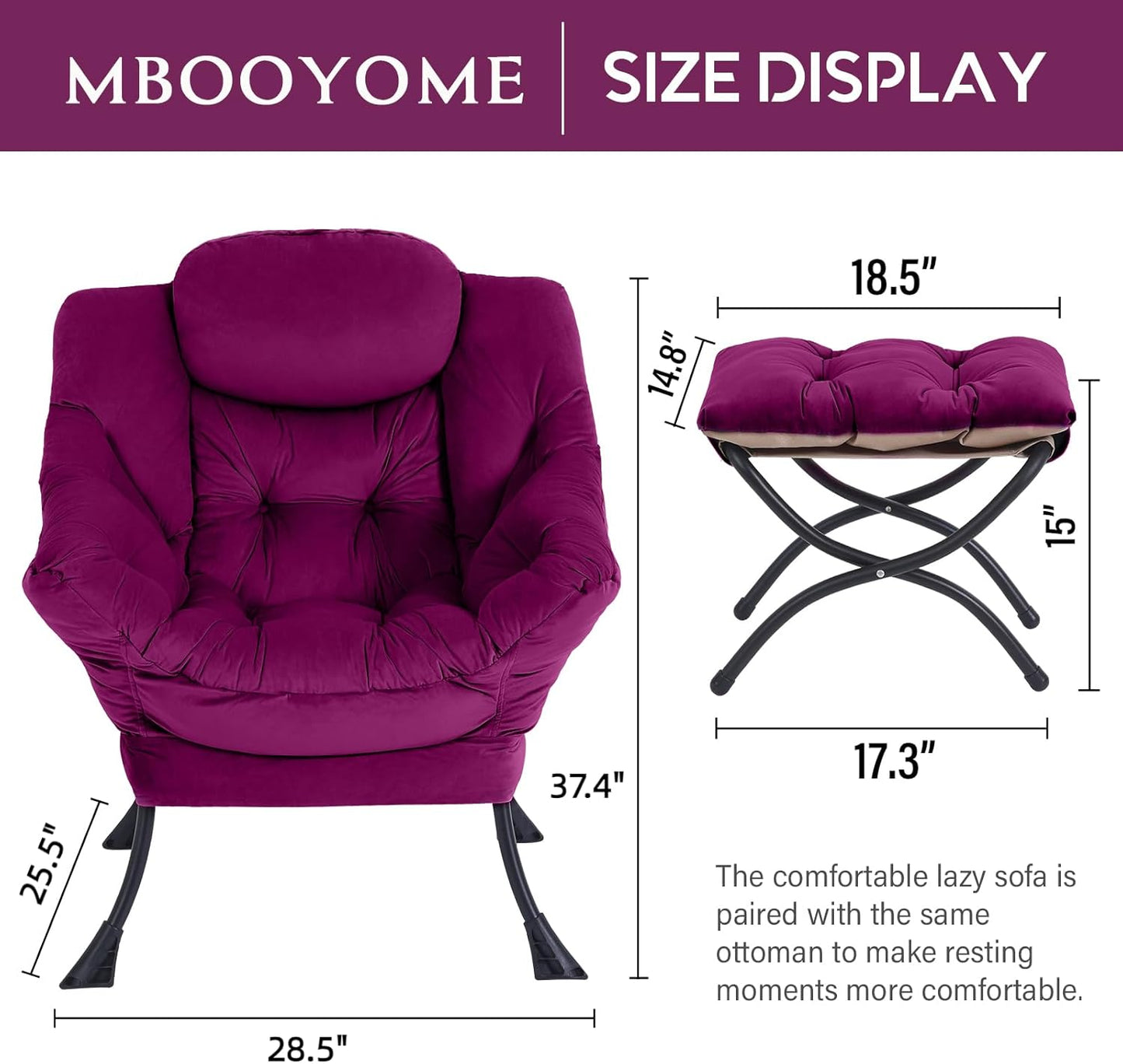 Lazy Chair with Folding Ottoman, Modern Accent Lounge Armchair with Armrests, a Side Pocket & Foldable Footstool, Leisure Reading Chair for Living Room, Bedroom, Dorm & Office, Velvet Purple