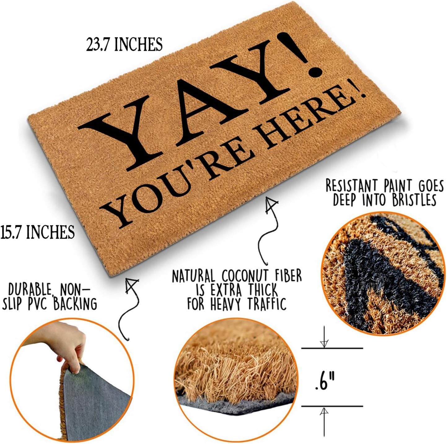 Yay You're Here Funny Coir Doormat - Natural Brown Entryway Welcome Mat, 23.7 x 15.7 inch