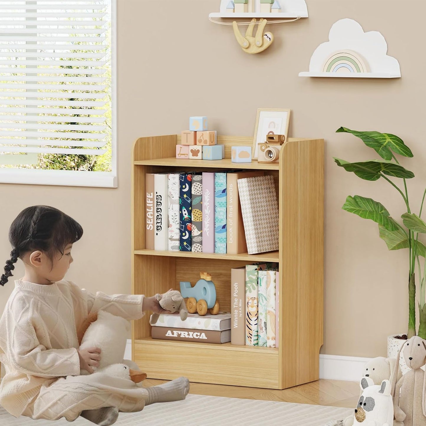 Lkeiyay Kids Bookshelf and Toy Storage Organizer, 3-Tier Wood Montessori Shelf for Bedroom, Playroom, Nursery, Classroom (Natural)