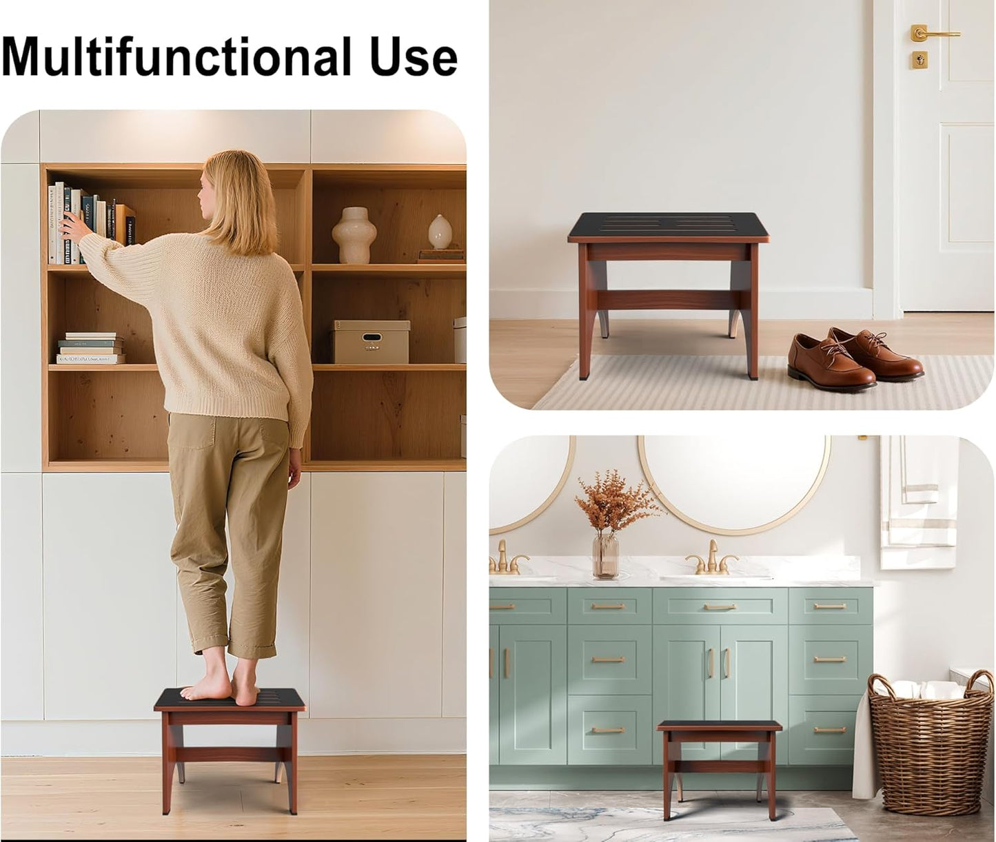 One Step Stool for Adults Seniors with Non-Slip Rubber Step Surface, 11.8" Heavy Duty Wooden Stepping Stools with 450 LBS Capacity for Bedroom Kitchen Bathroom