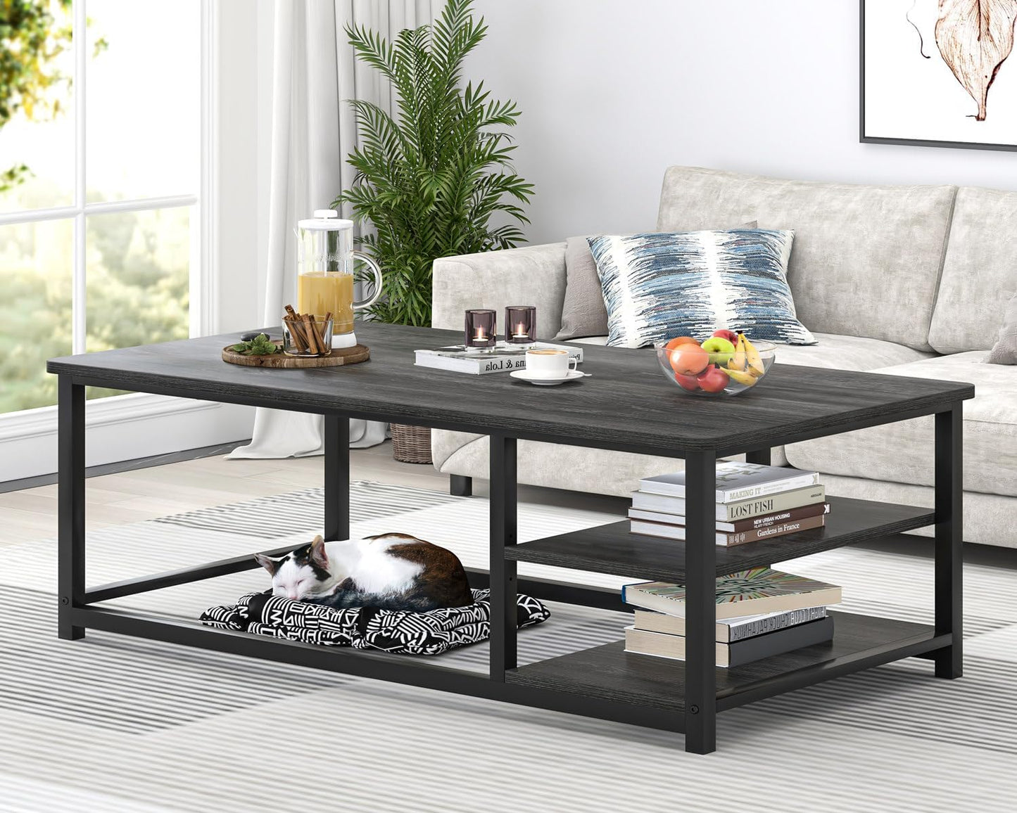 EXCEFUR Coffee Table, Rustic Wood and Metal Living Room Table with Adjustable Storage Shelf, Dark Grey, 47 Inch