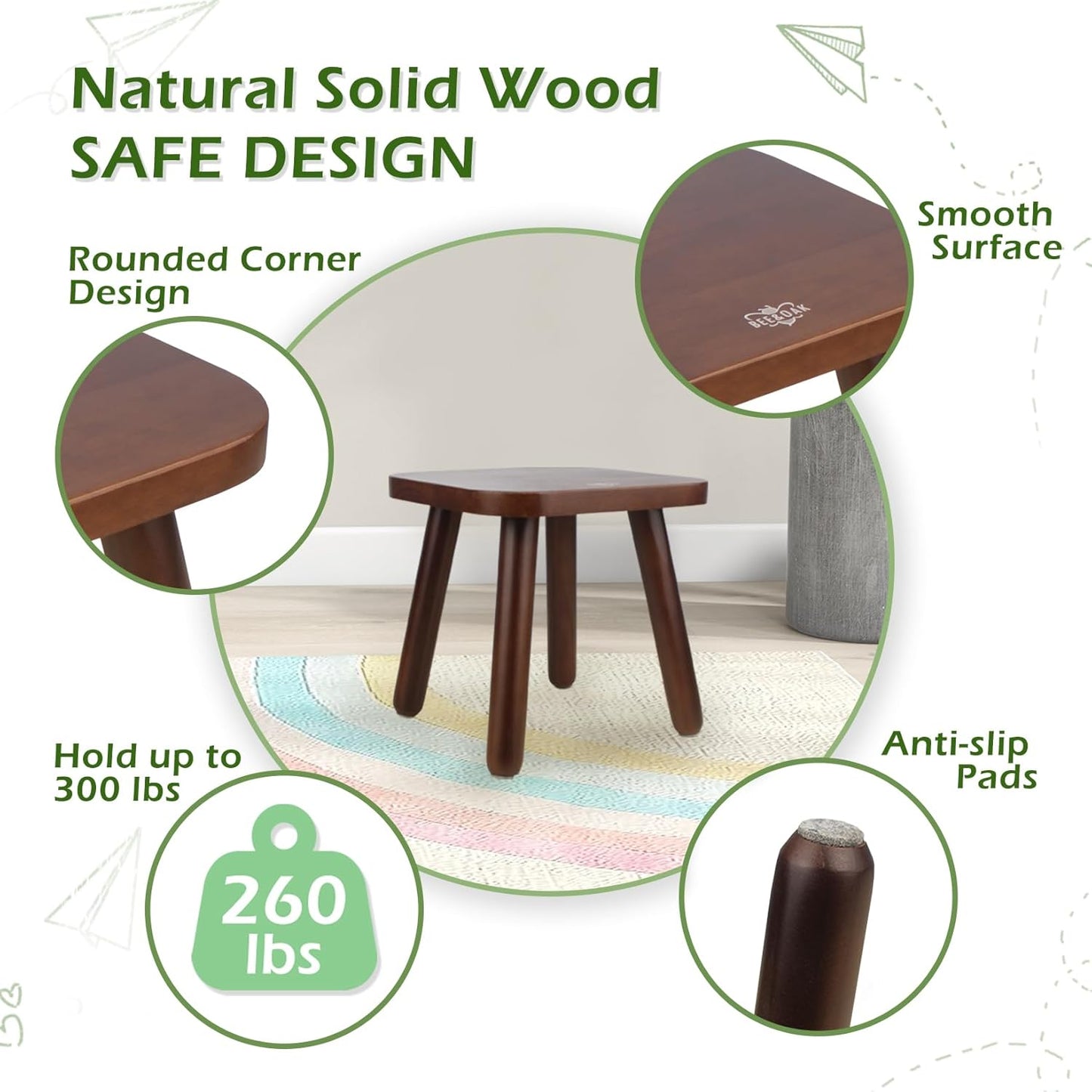 BEE&OAK Wooden Step Stools for Adults, Solid Rubber Wood Non-Slip Step Foot Stool, Heavy Duty 300 lbs One Step Stool for Bedroom, Bathroom, Kitchen (Dark-Walnut, 9.25" (D) x 9.25"(W) x 8.86"(H))