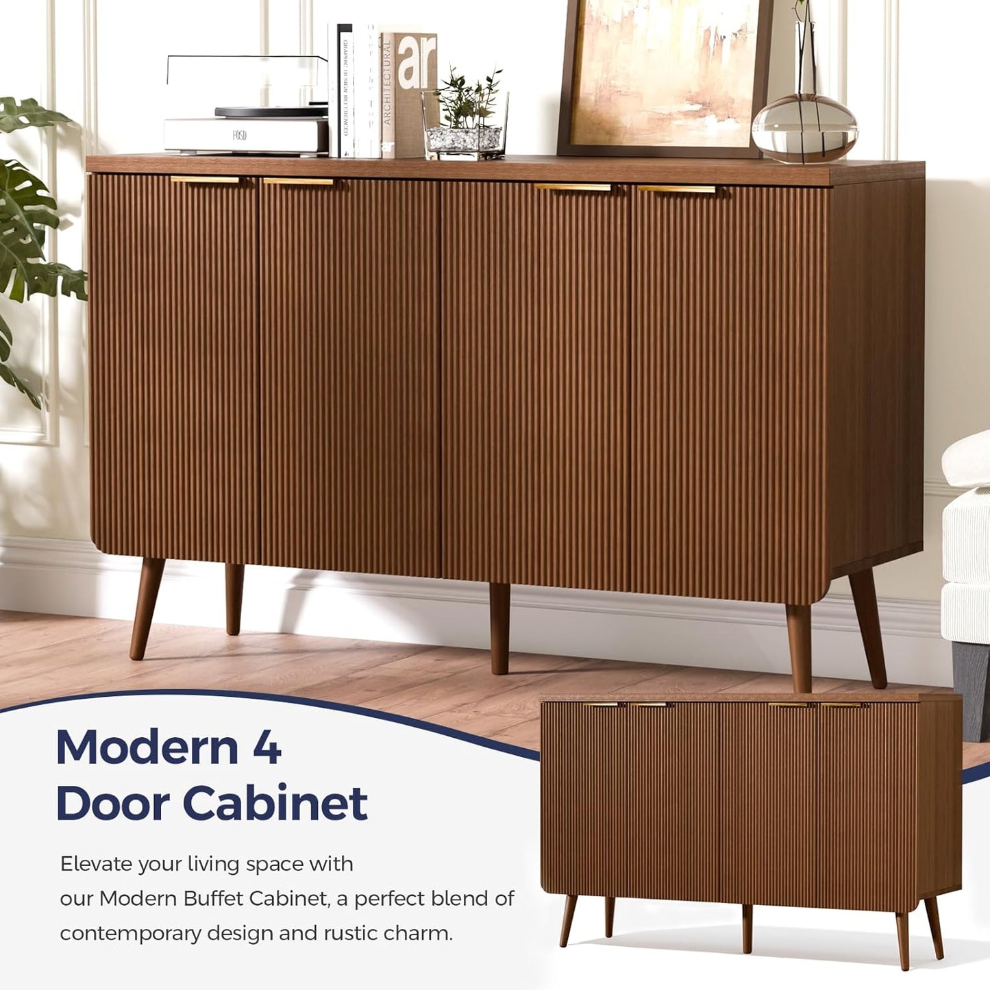 47.2" Buffet Cabinet with 4 Doors, Accent Sideboard Cabinet with Adjustable Shelf, Dining Room Sideboard with Waveform Panel, Credenzas for Living Room, Hallway, Walnut