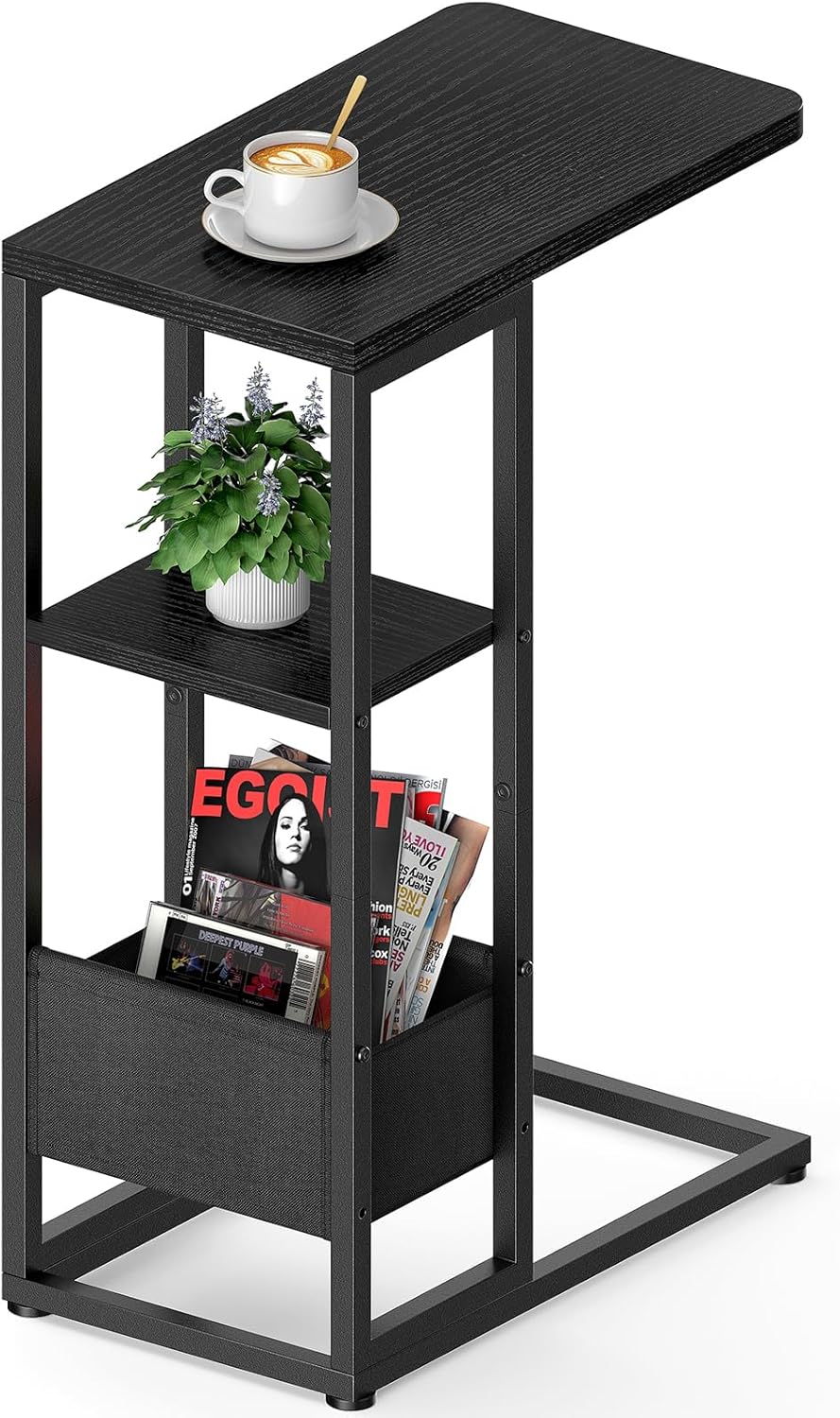 C Shaped End Table, Small Side Table for Couch, Recliner, Slide Under Sofa Tray Desk Snack Tables with Storage Bag for Living Room,Bedroom, Small Spaces - Black