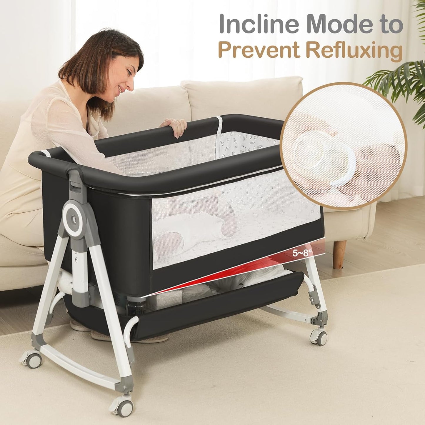 Baby Bassinet, Bedside Bassinet for Baby, 4 in 1 Bassinet Bedside Sleeper with Locked Wheels, Mosquito Net, Adjustable Easy Folding Portable Crib for Infant Newborn, Dark Grey