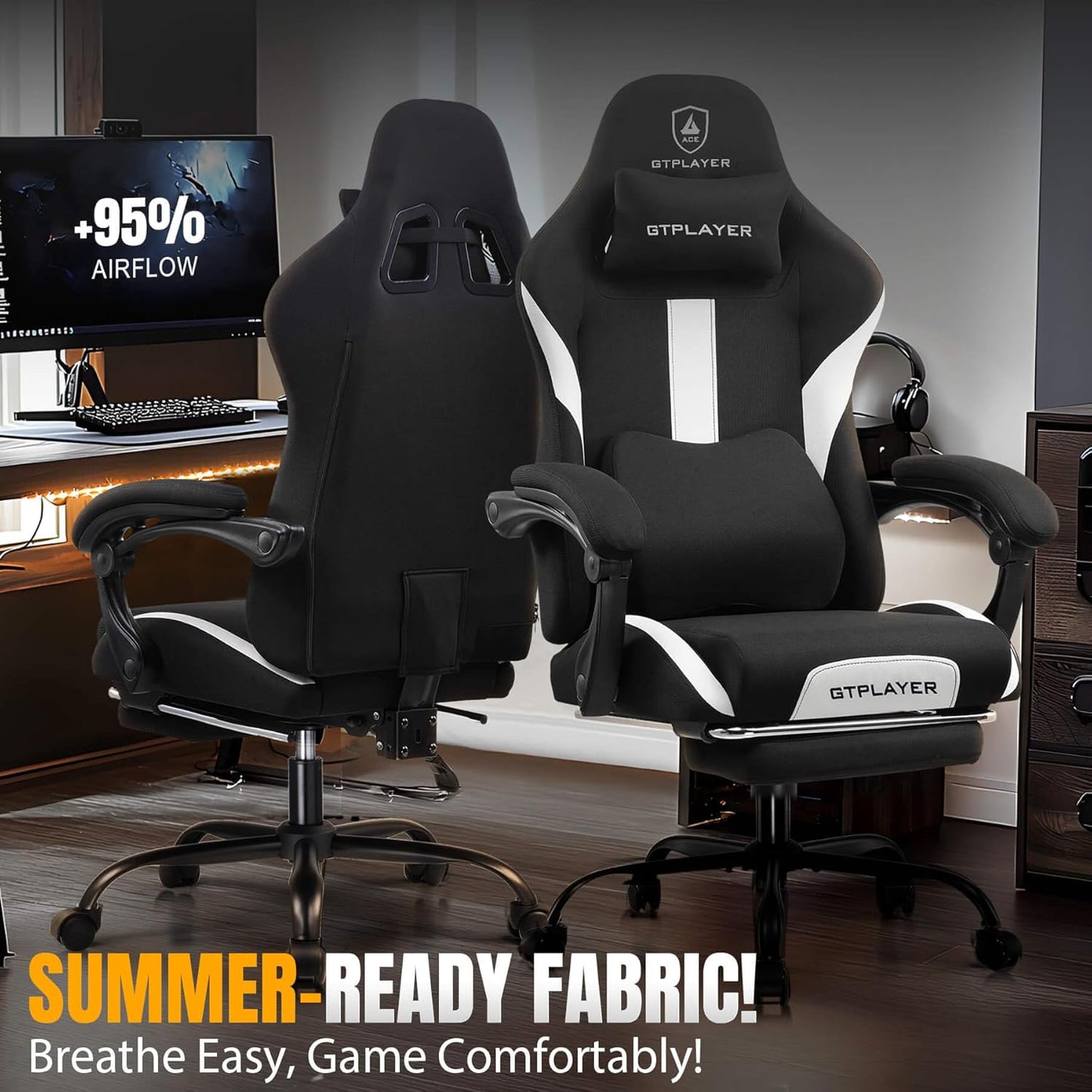 GTRACING Gaming Chair with Foot Rest & Pocket Spring Cushion, Breathable Fabric for Home Office Desk, Ergonomic High Back Computer Chair with Headrest & Lumbar Support, Black