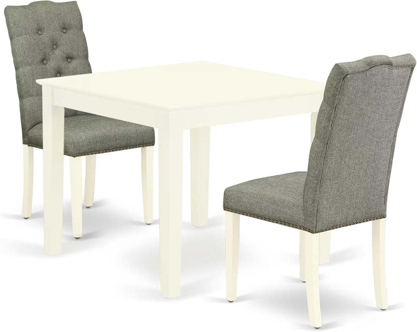 East West Furniture OXEL3-LWH-07 3 Piece Kitchen Table Set for Small Spaces Contains a Square Dining Room Table and 2 Gray Linen Fabric Upholstered Chairs, 36x36 Inch, Linen White