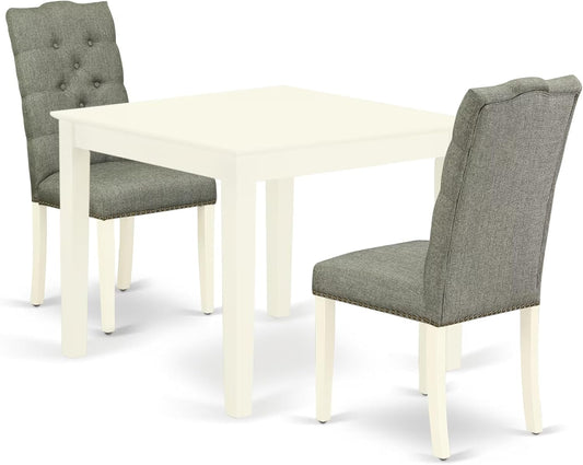 East West Furniture OXEL3-LWH-07 3 Piece Kitchen Table Set for Small Spaces Contains a Square Dining Room Table and 2 Gray Linen Fabric Upholstered Chairs, 36x36 Inch, Linen White