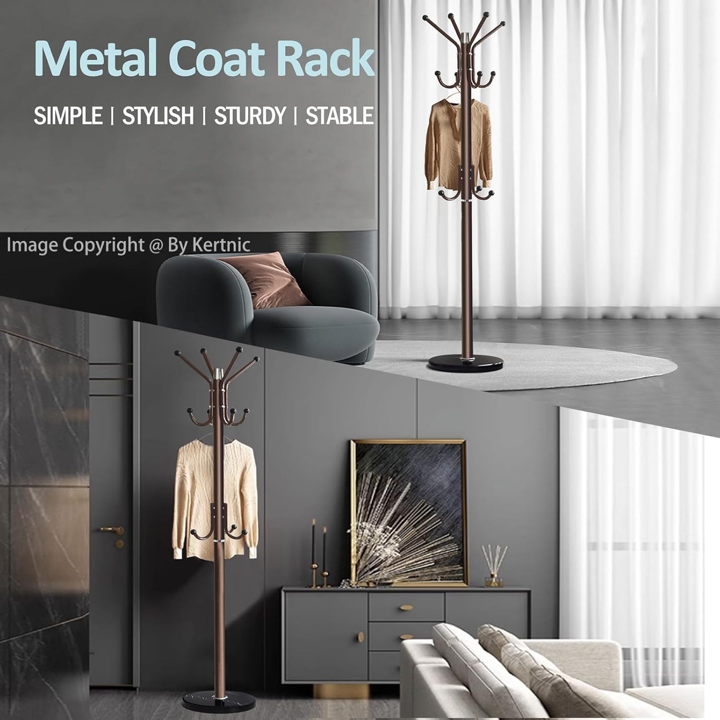 Kertnic Modern Coat Rack Freestanding with Natural Marble Base & Sturdy Metal Frame, 11 Hooks Hall Tree for Jackets, Hats, Bags, Entryway Organizer for Bedroom, Living Room, Closet (Bronze)