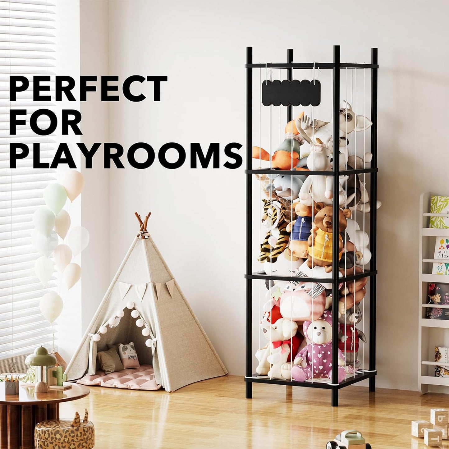 SpaceAid Stuffed Animal Storage Organizer, Wood Animals Zoo Toy Plushies Storage Holder, Large Capacity Plush Toy Cage for Playroom Organization, 15.8" Wide, Black