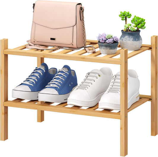 Small Shoe Rack, 2-Tier Shoe Rack for Entryway, Bamboo Wood Shoe Shelf for Closet & Hallway, Long 17.2IN | Beautiful | Functional | Sturdy | Durable