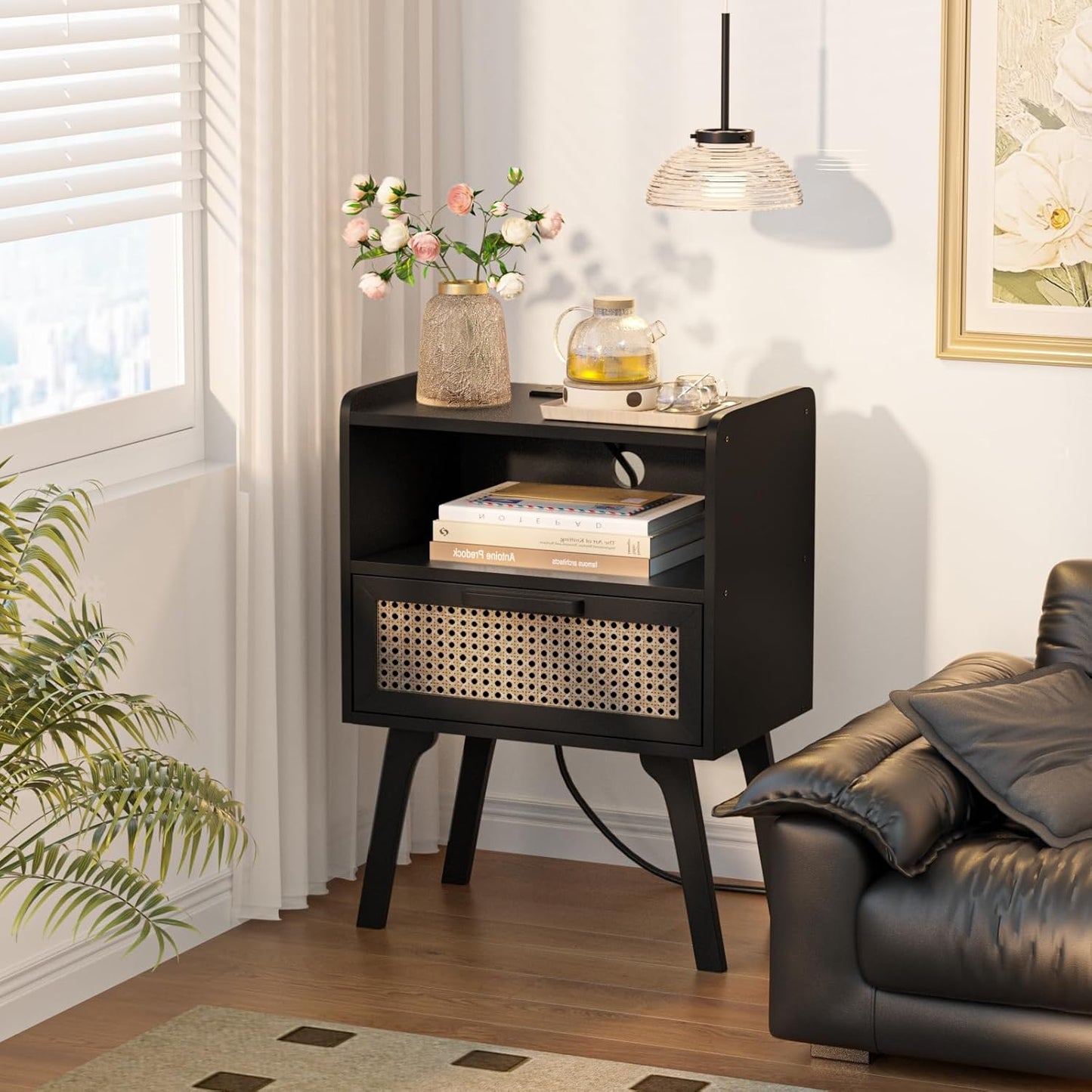 Lerliuo Rattan Nightstand with Charging Station, White Bedside Table with Drawer Open Shelf, Cane Accent Side End Table with Solid Wood Legs, Night Stand for Bedroom, Dorm and Small Spaces