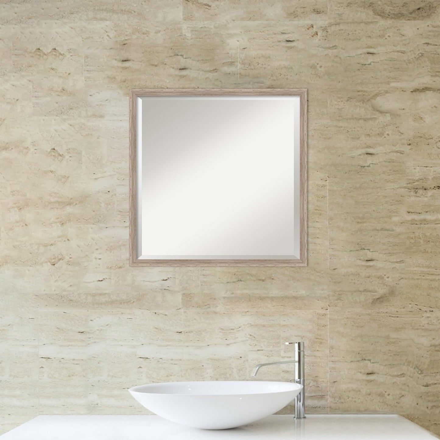Amanti Art White Bathroom Mirror for Over Sink, 21x21 Hardwood Wedge White Wash Square Vanity Mirror, Medium Country Rustic Wood Frame, Hangs Horizonally and Vertically, Bathroom Wall Decor, Beveled