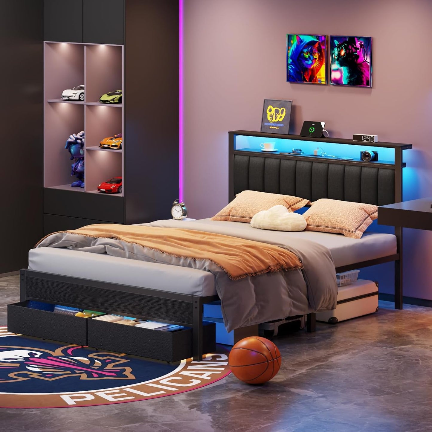 Furnulem Queen Bed Frame with Charging Station and LED Lights, Grey Upholstered Headboard with Shelves, Metal Platform Bed with 2 Under-Bed Storage (Fabric Drawer on Wheels), No Box Spring Needed