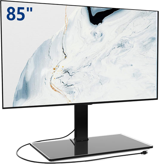 FITUEYES Universal TV Stand with Power Outlets for 50-85 inch TVs, Swivel&Height Adjustable Tall TV Stand for Bedroom Living Room, 27.5''Large Tempered Glass Base Holds up to 143 lbs.