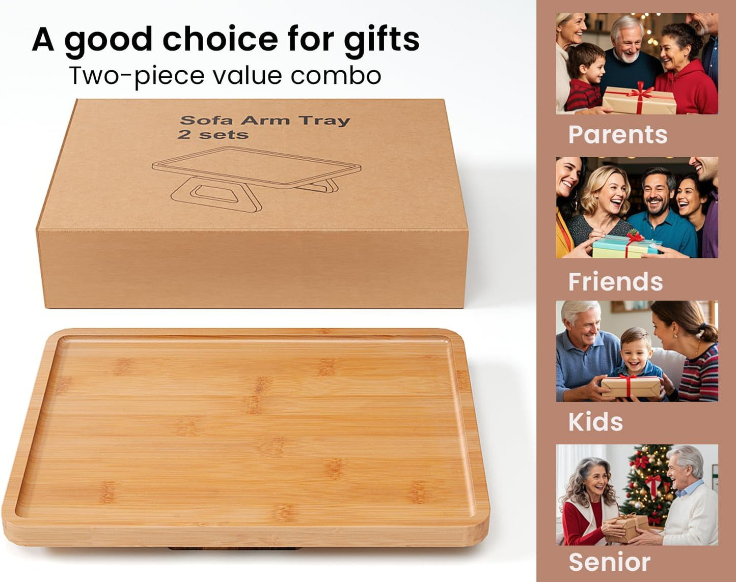 2 Pack Couch Arm Tray,Bamboo Folding Sofa Tray,Sofa Armrest Trays Clip-On Couch Desk for Drinks,Snacks,Phone,Remote Control（Natural）