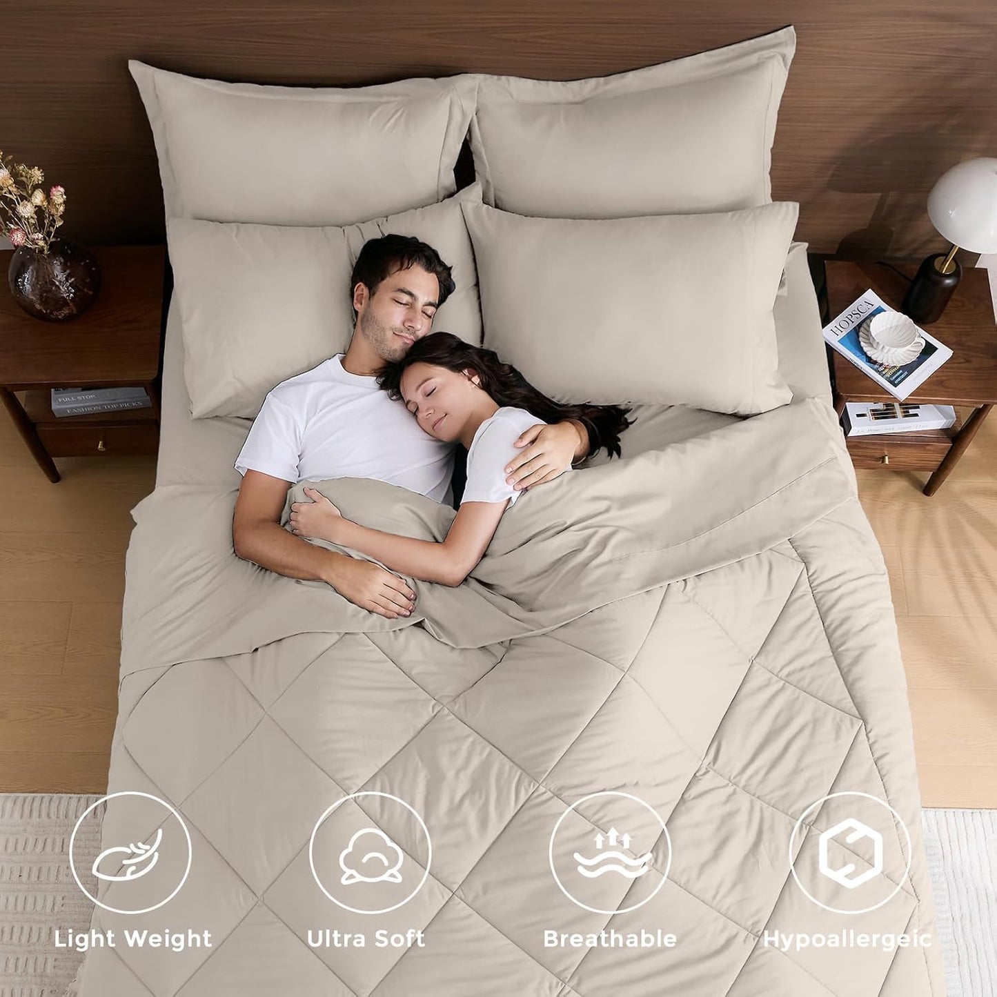 HEVUMYI Beige Tan Twin-XL Comforter Set - 5-Piece All Season Bed in a Bag Twin-XL, Ultra Soft Bedding Set with Comforter, Flat Sheet, Fitted Sheet, Pillowcases, Pillow Shams, Beige Tan