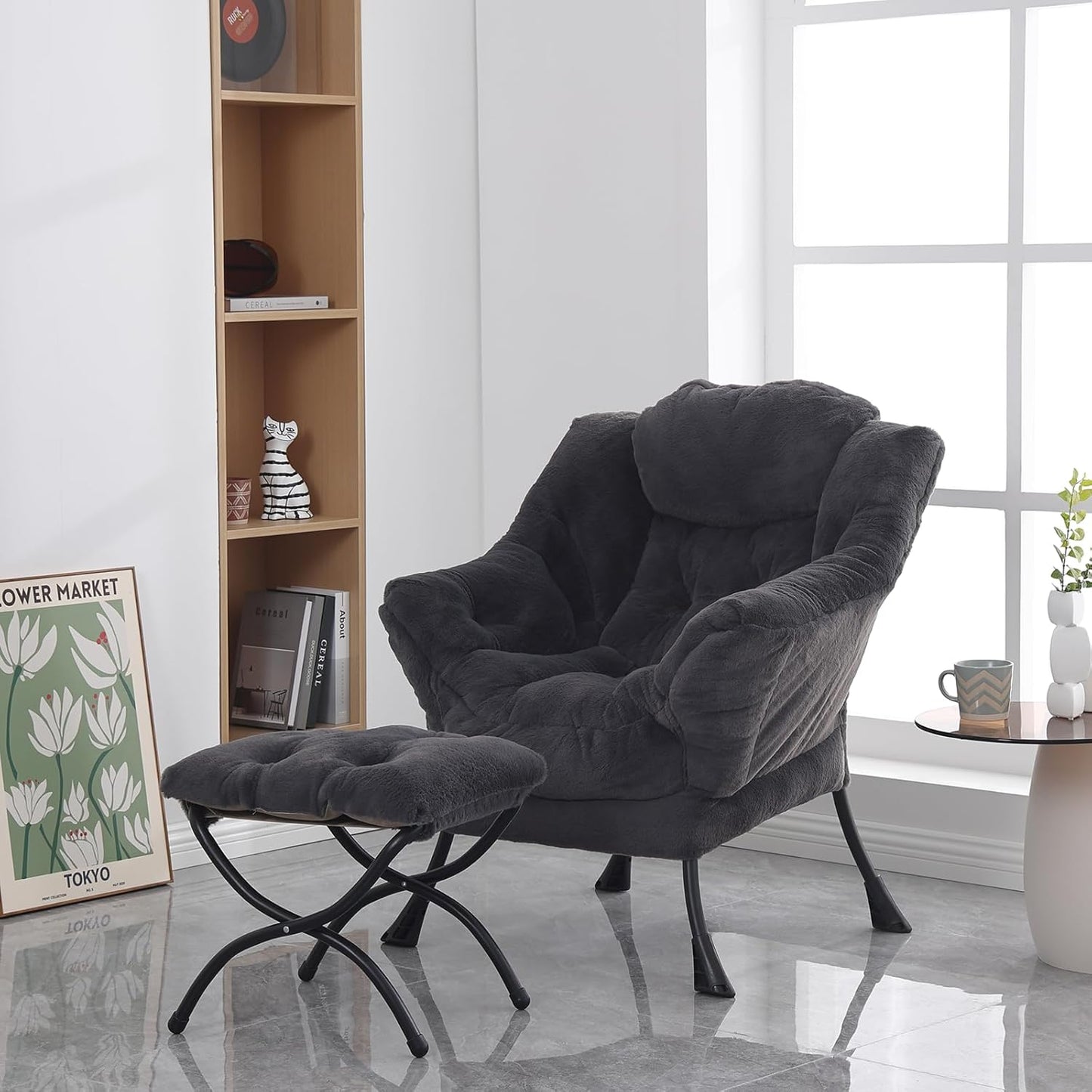 Lazy Chair with Folding Ottoman, Modern Accent Lounge Armchair with Armrests and a Side Pocket & Foldable Footstool, Leisure Reading Chair for Living Room, Bedroom, Dorm & Office, Plush Navy