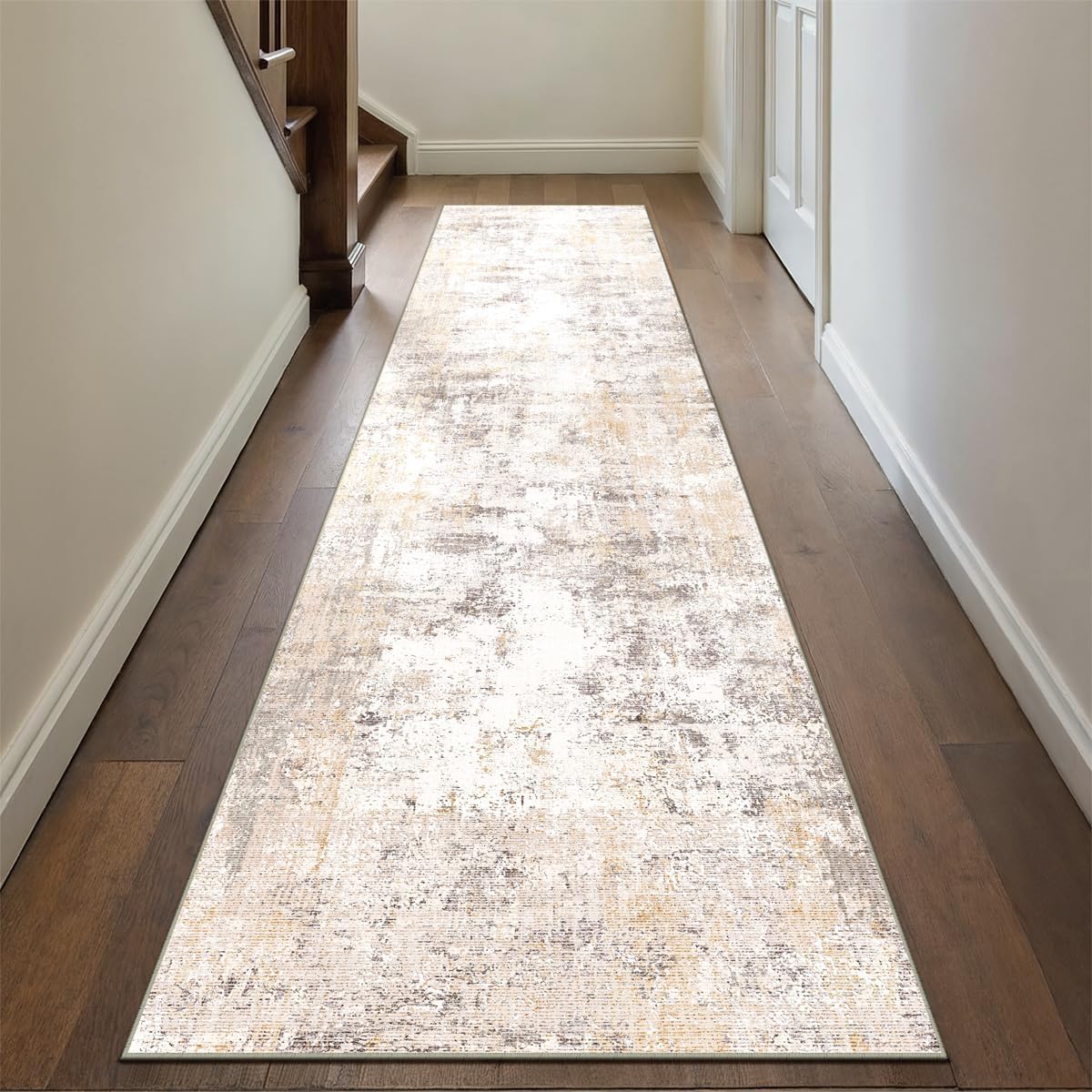 3x8 Washable Runner Rug Beige Grey Neutral Abstract Hallway Kitchen Living Room Bedroom Non Slip Throw Rug Soft Low Pile Indoor Carpet for Entrance Laundry Bathroom