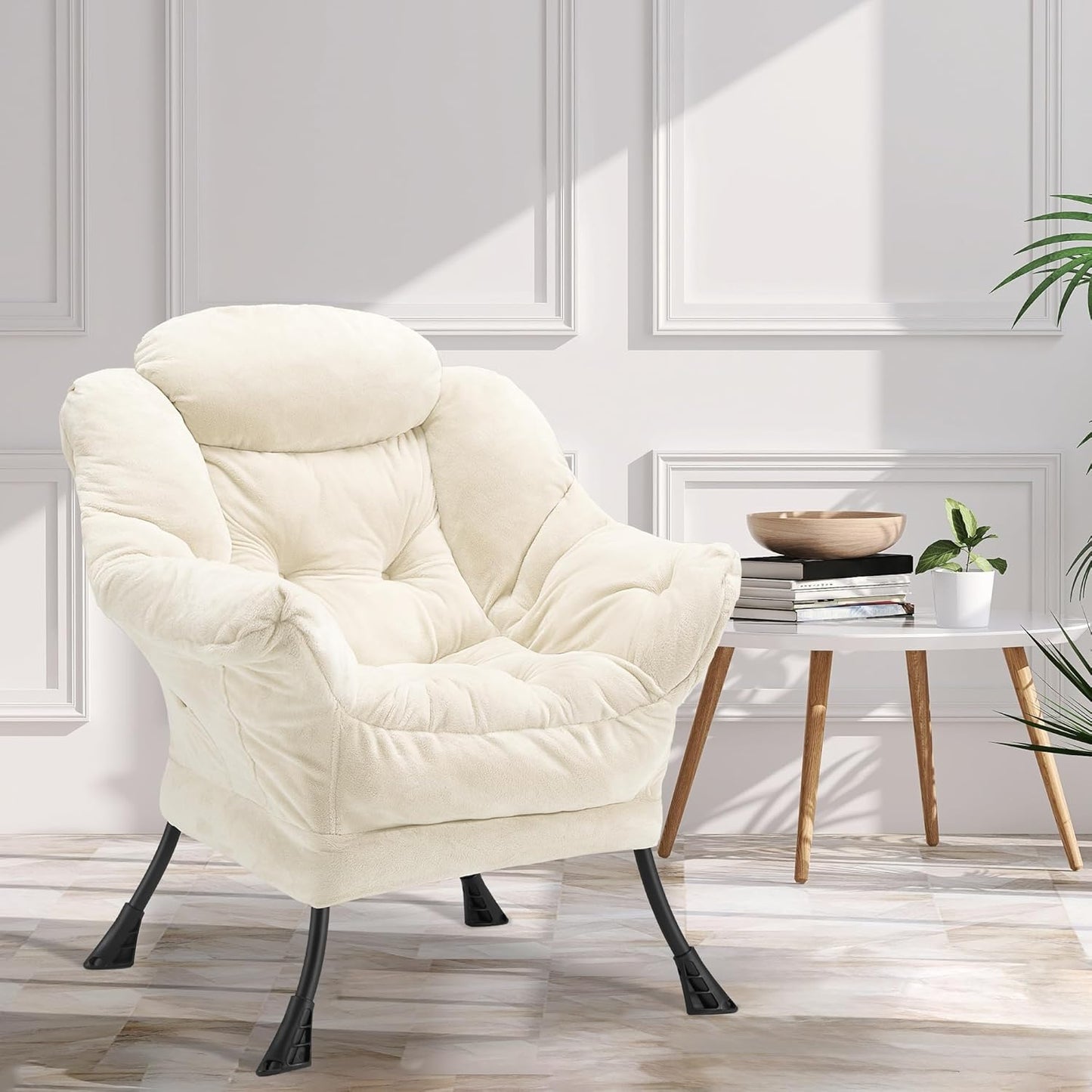 Fabric Lazy Chair for Adults, Oversized Upholstered Sofa Chair, Plush Comfy Lounge Chair with Large Side Storage Pocket, Thick Padded Reading Chair for Living Room, Bedroom, Study Room, Beige