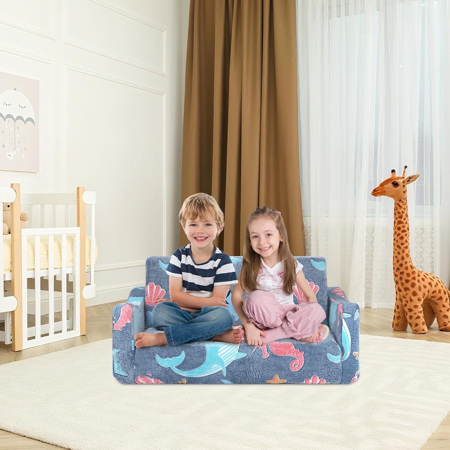 Kids Couch Extra Large,Glow in The Dark 2-in-1 Folding Kids Sofa Bed for Boys,2 Seats Convertible Sleeper Lounger Toddler Couch for Children Bedroom Playroom Nursery,Marine