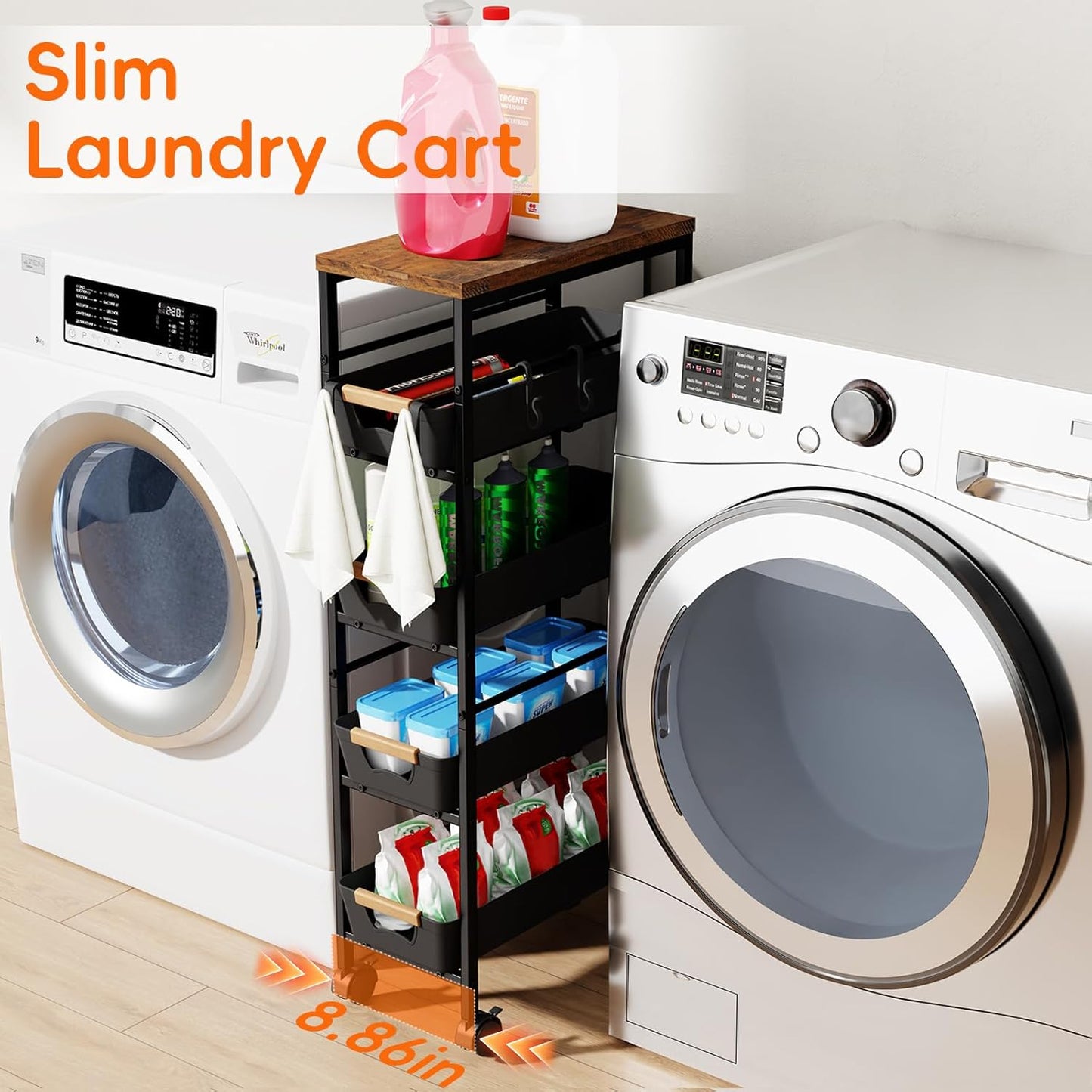 5-Tier Slim Storage Cart, Wooden Top Rolling Kitchen Cart with Pull-Out Baskets & Wheels, Narrow Space Utility Cart Slide Out Organizer for Kitchen, Bathroom, Laundry Room, Black