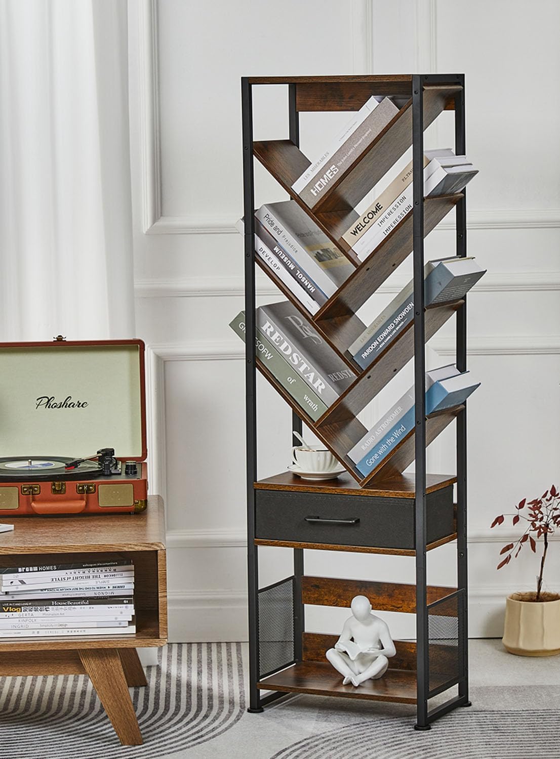 Bookshelf with Drawer,10 Tier Tree Bookcase Retro Floor Standing Bookshelves,Tall Wood Bookcases with Cabinet Storage Organizer for Living Room, Bedroom & Home Office, Classic