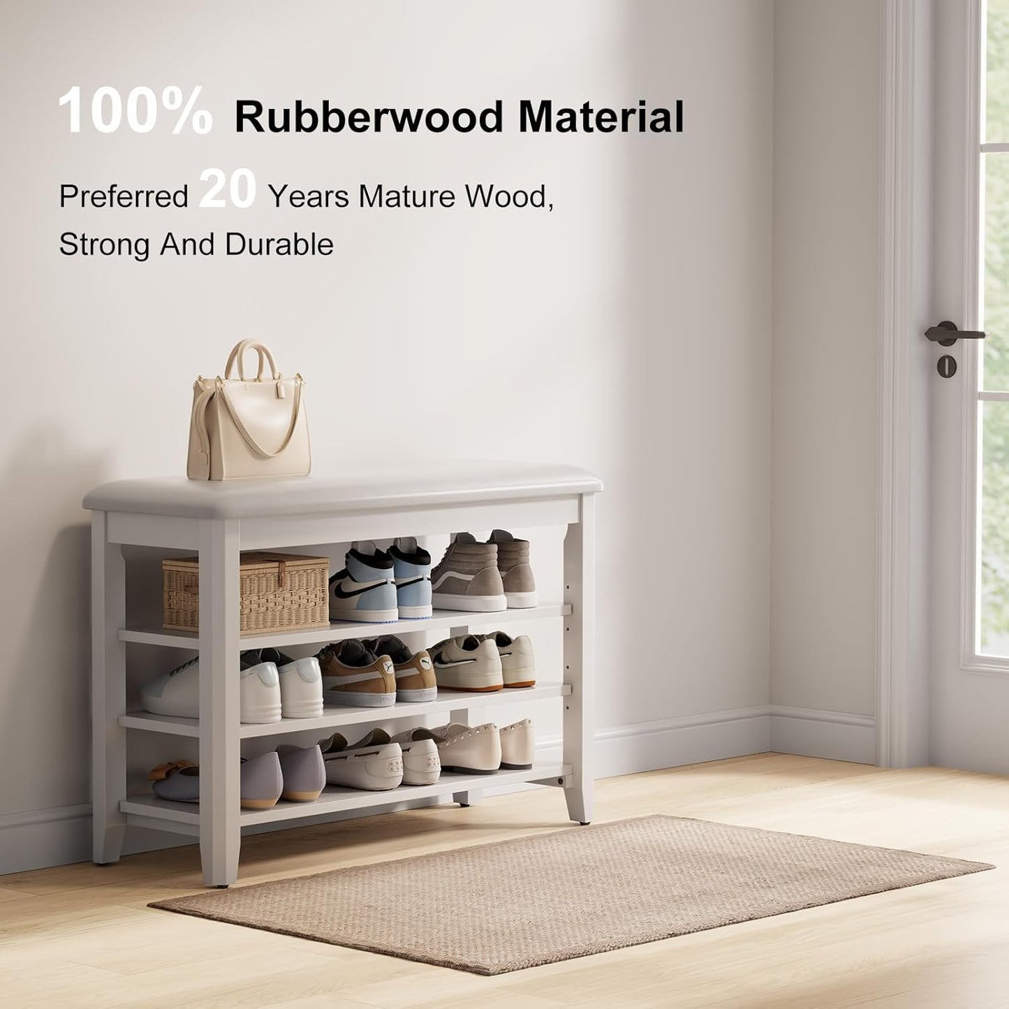 Shoe Bench with Leather Cushion, 3 Tiers Shoe Storage Bench Height Adjustable, Walnut Wood Entryway Bench for Hallway, Mudroom