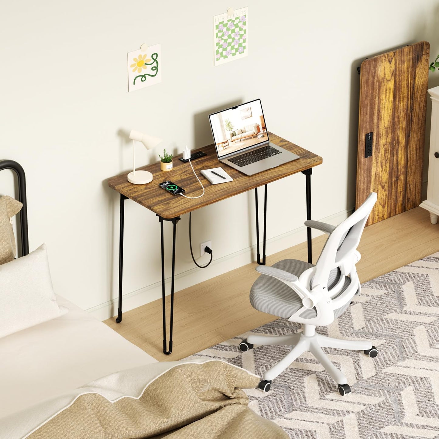 Folding Desk, 31.5" Hairpin Legs Small Desk with Power Strip for Bedroom, Space Saving Foldable Computer Desk for Home Office, No Assembly Need,Brown