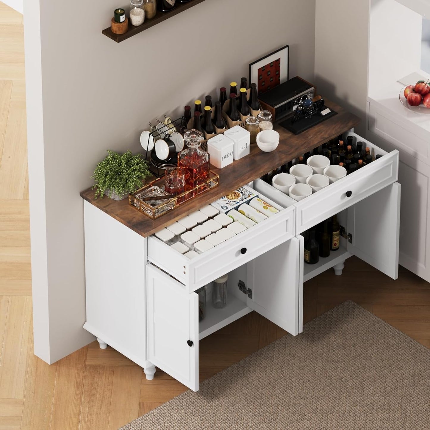 Farmhouse Buffet Cabinet with Storage, 47.6" Buffet Sideboard with 2 Drawers and 4 Doors, Wooden Kitchen Storage with Adjustable Shelves, Rustic Top Console Table for Dining Room, Kitchen or Entryway