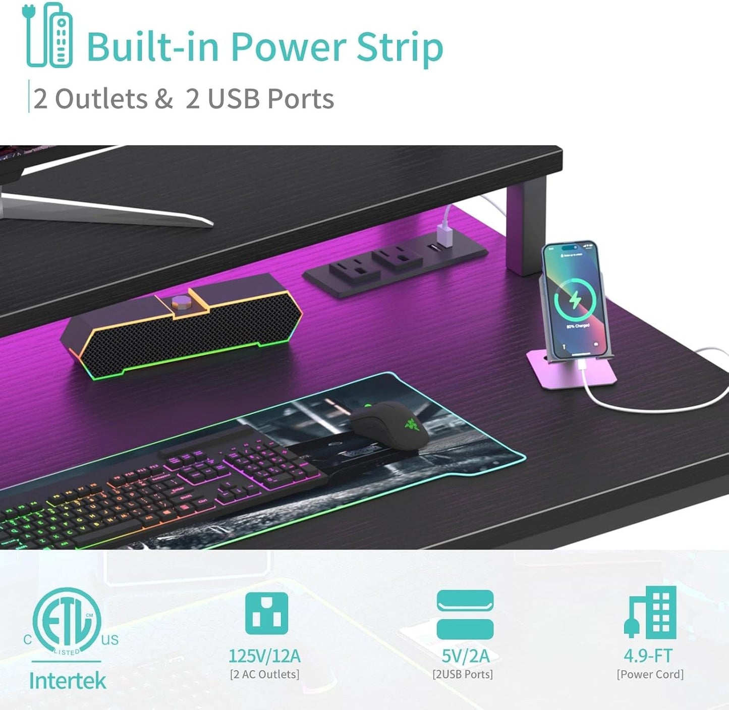 Lufeiya Small Desk with Power Outlets and LED Lights, 32 Inch Teen Writing Study Table Home Office Computer Desks with Monitor Stand, Gaming Desk with Charging Station, Black