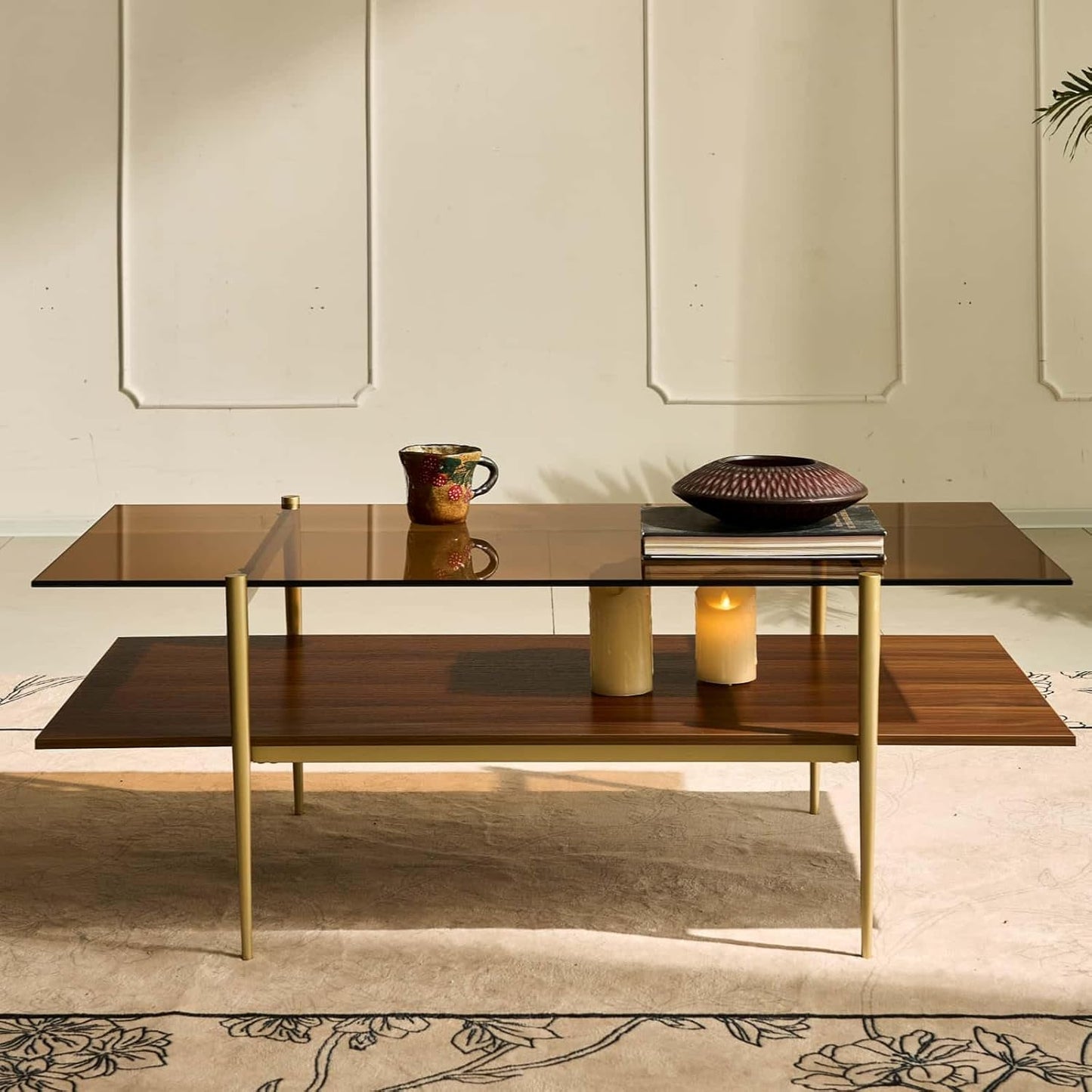 AGV LIGHTING Tadio Large Glass Coffee Table, Mid-Century Modern Coffee Table for Living Room, Gold Finish Leg, Coffee Brown Glass Top & Walnut Brown Shelf, 47 in