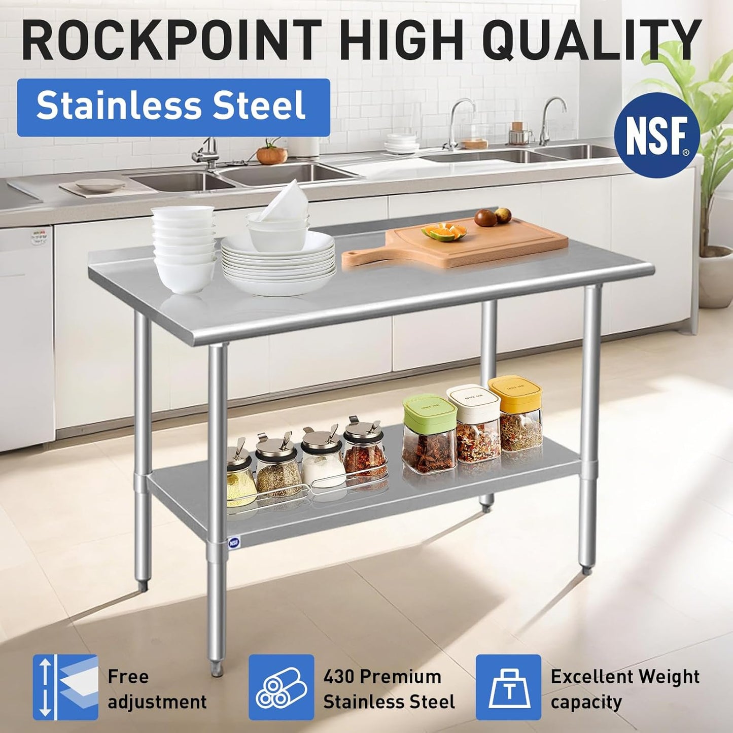 ROCKPOINT Stainless Steel Table for Prep & Work with Backsplash 18x36 Inches, NSF Metal Commercial Kitchen Heavy Duty Table with Adjustable Under Shelf and Table Foot for Restaurant, Home and Hotel