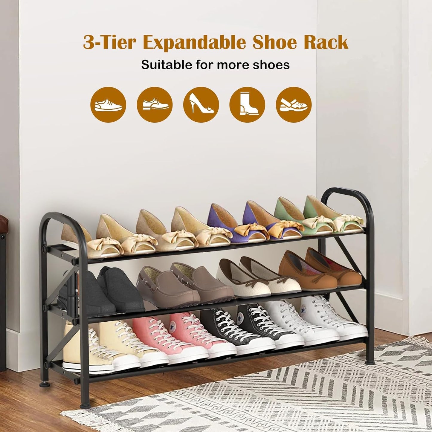 3-Tier Expandable Shoe Rack for Closet，Adjustable Shoe Rack，Black Metal Free Standing Shoe Rack for Entryway Closet Doorway