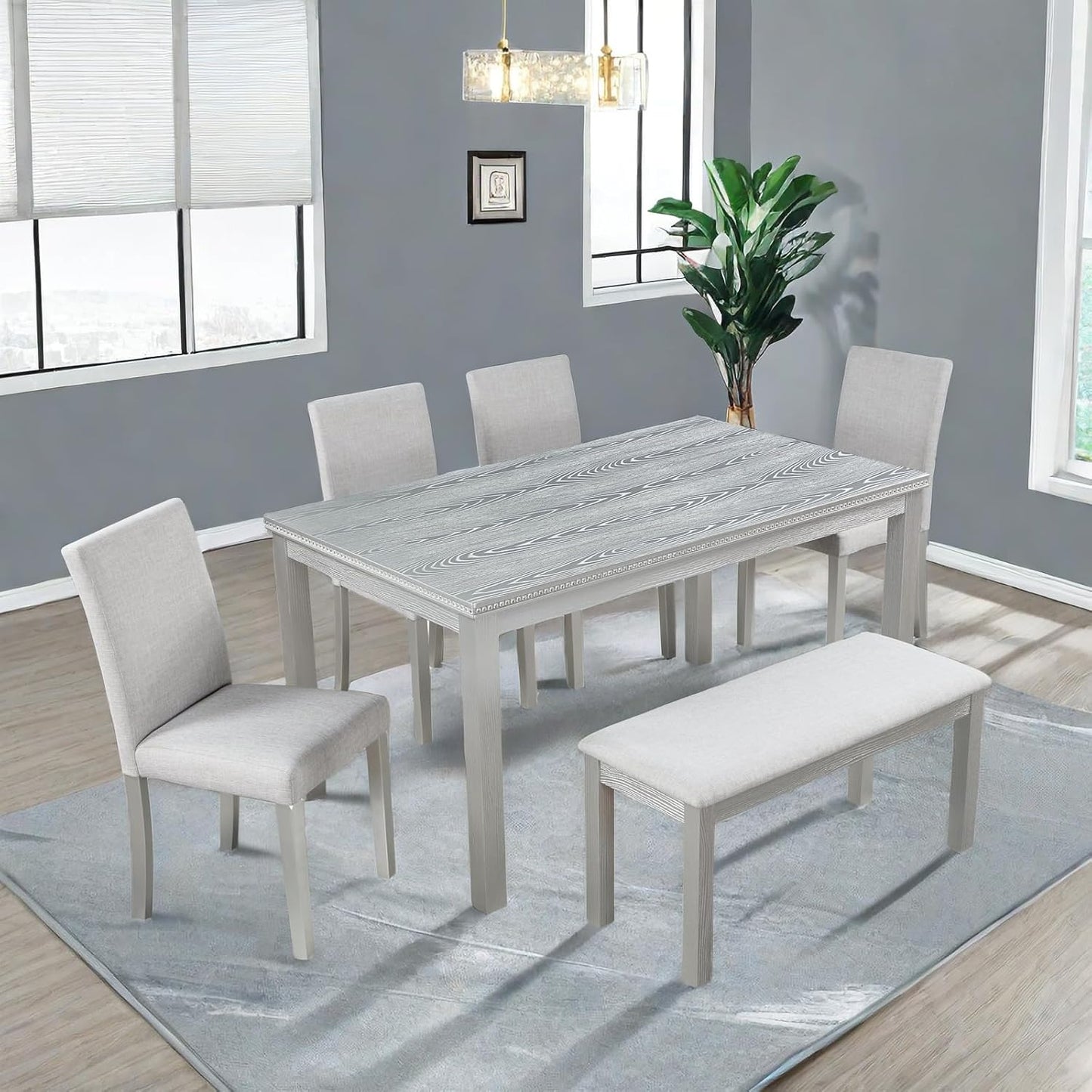 Dining Table Set, 6-Piece Kitchen Table & Chair Set with Rectangular Crystal Decoration & 4 Upholstered Chairs & a Bench, Wooden Dining Set, Silver Gray
