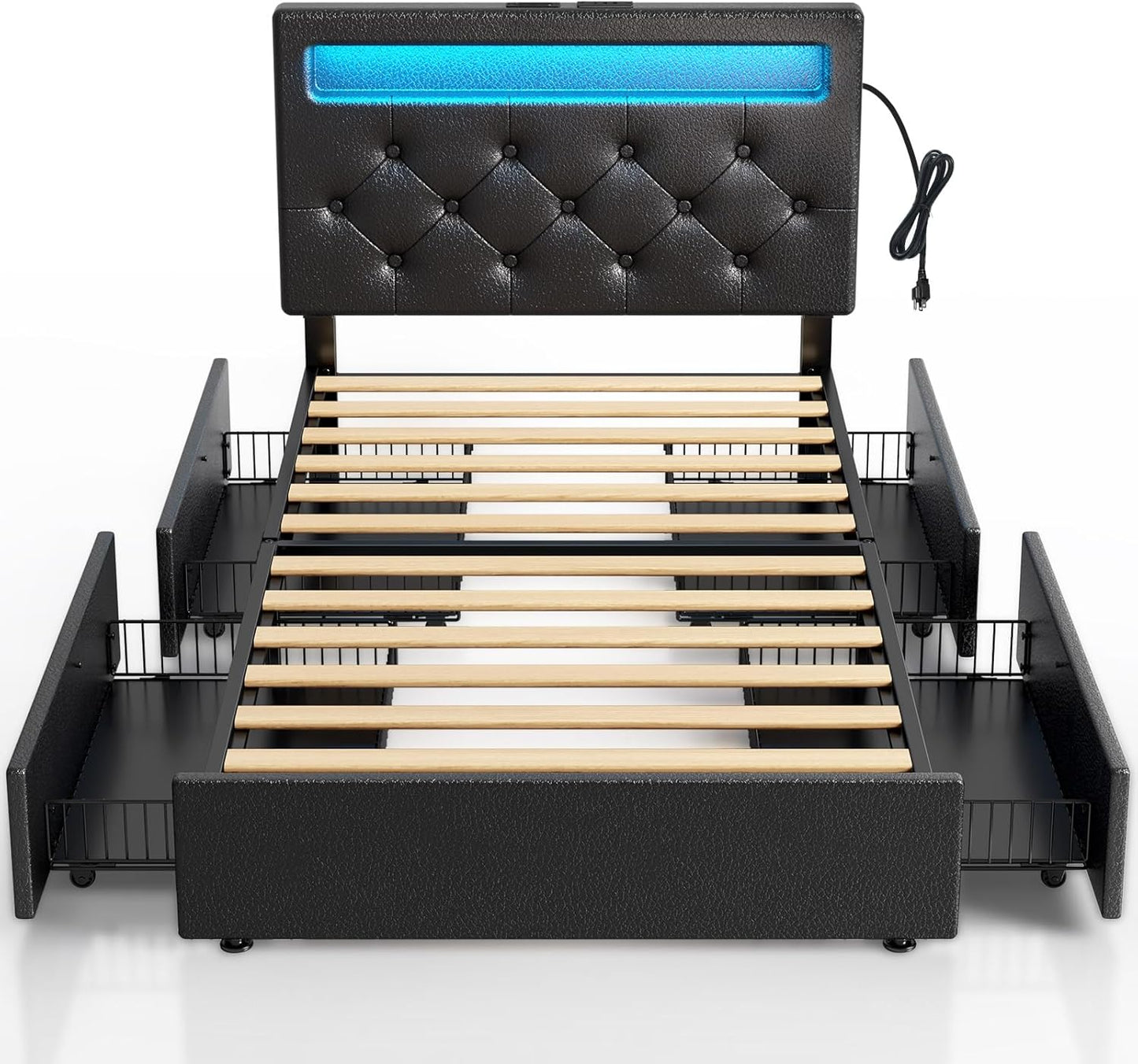 Rolanstar Twin Bed Frame with 4 Storage Drawers and Charging Station,Twin Bed with Led Lights, 2 USB & 1 Type C, Adjustable Headboard 38.9/40.8 Inches, No Box Spring Needed, Black
