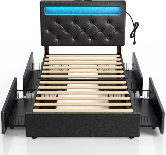 Rolanstar Twin Bed Frame with 4 Storage Drawers and Charging Station,Twin Bed with Led Lights, 2 USB & 1 Type C, Adjustable Headboard 38.9/40.8 Inches, No Box Spring Needed, Black