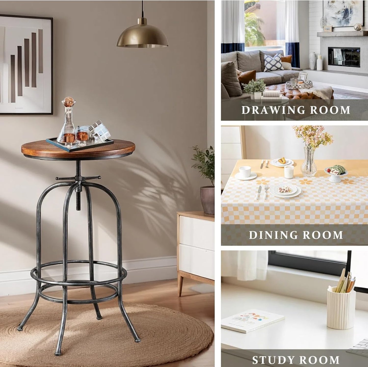 Rustic Bar Table Vintage Bistro Table Industrial Pub Table for Kitchen Coffee House Office Computer Desk Swivel Round Wooden Top 37.4-45.3inch Height Adjustable