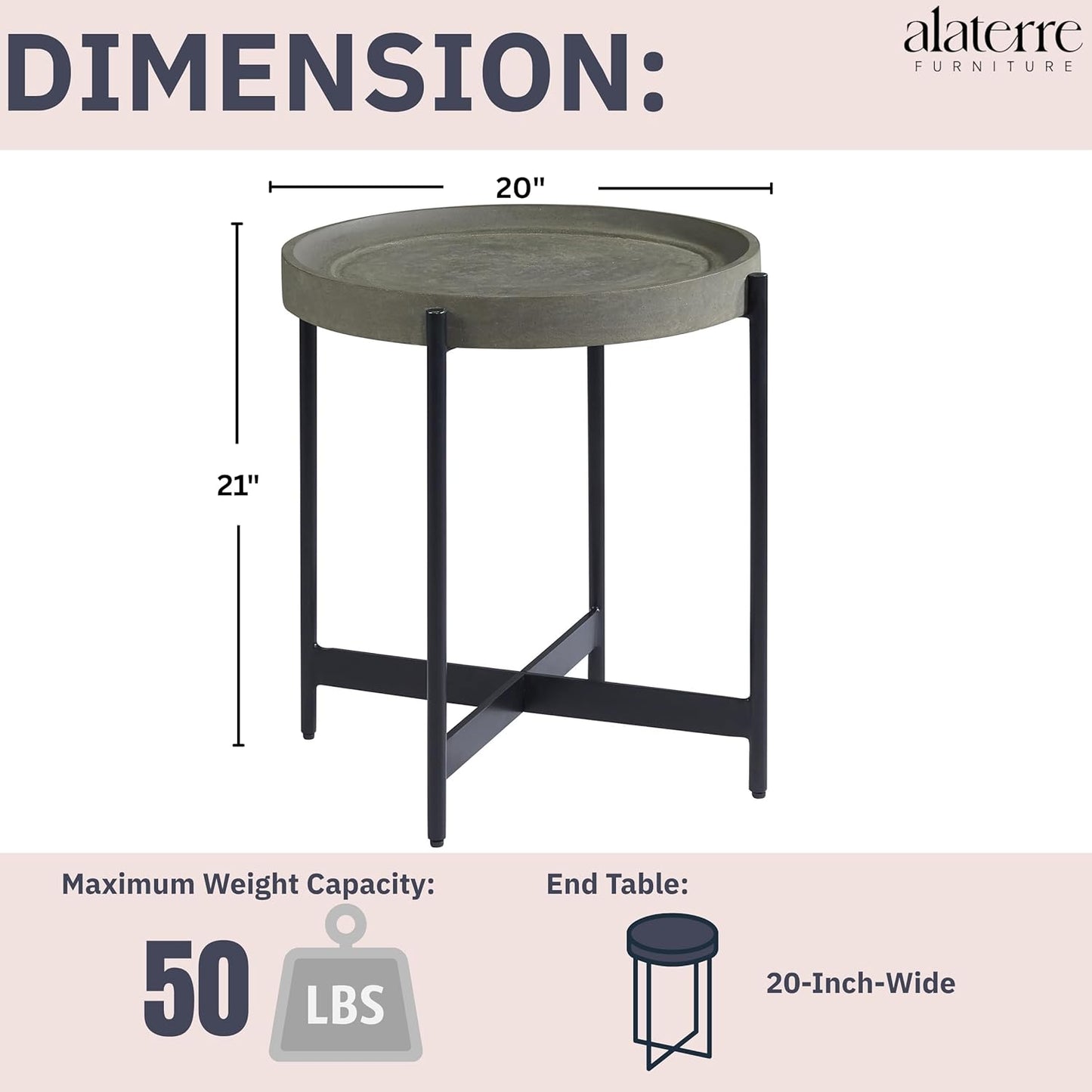 Alaterre Furniture Brookline 20-Inch Round Wood End Table with Concrete Coating and Powder-Coated Iron Legs – Tray Style Top Home Accent for Living Room, Bedroom or Office (Gray)
