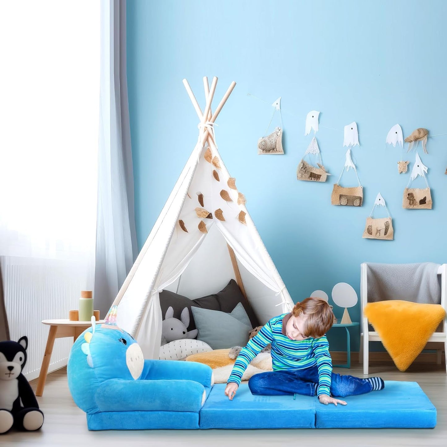 Unicorn Kids Couch Fold Out 2-in-1 Toddler Sofa Fold Out with Blanket, Soft Toddler Chair Comfy for Boys Girls Baby, Convertible Sofa to Lounger for Napping Reading Playing Christmas, Blue