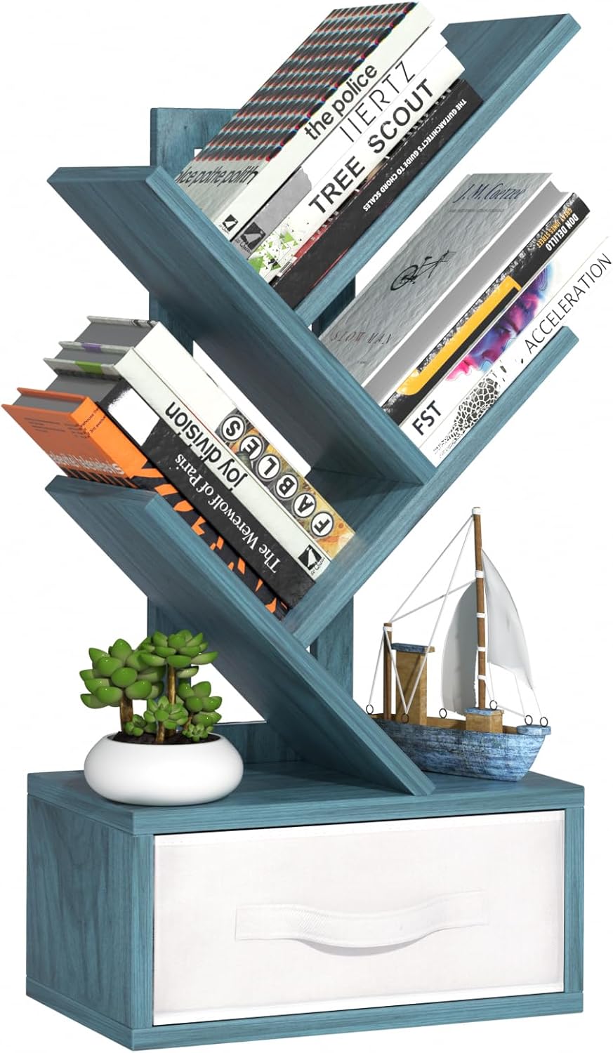 Small Book Shelf with Drawer,4 Tier Black Tree Bookshelf,Blue Desktop Bookcase,Modern Desk Display Storage Bookshelves,Floor Standing Organizer Bookcases for Living Room,Bedroom,Office