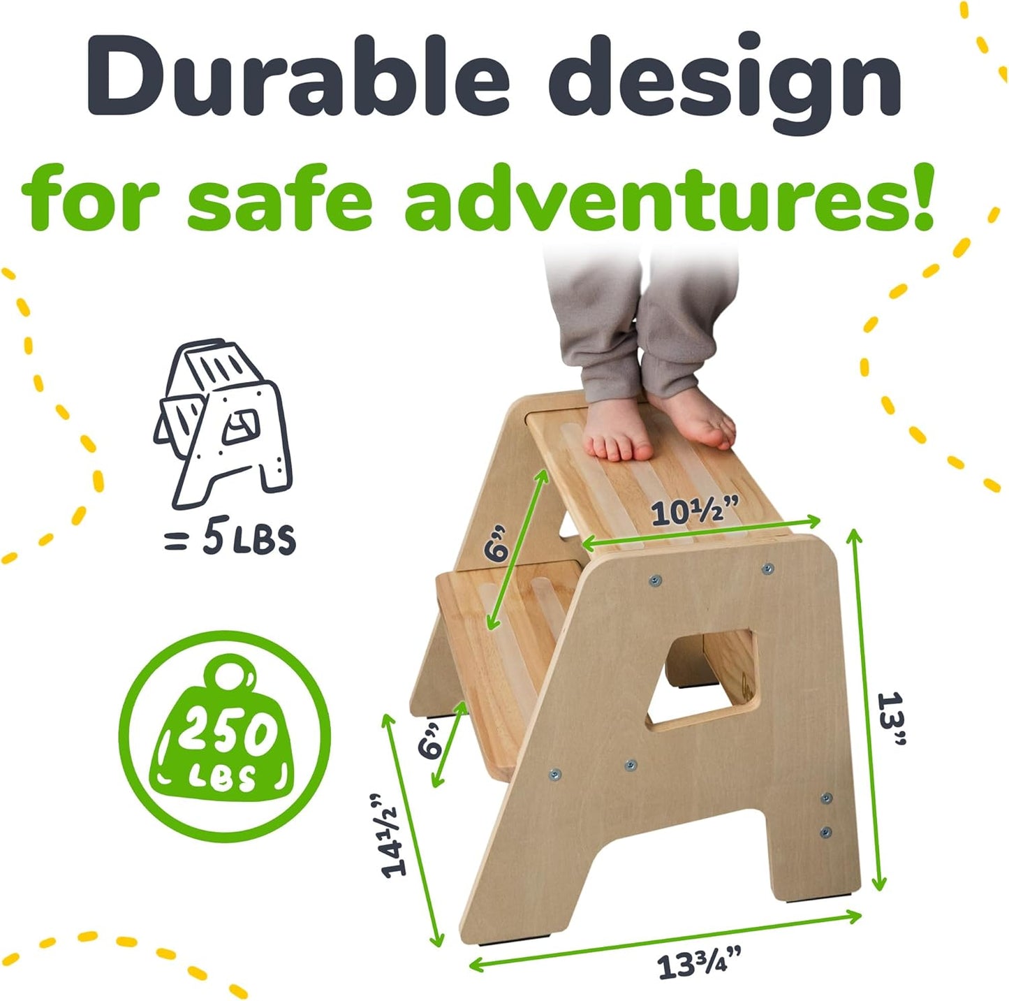 2-Step Wooden Step Stool for Toddlers | Kids Stool for Bathroom Sink & Kitchen Use | Non-Slip Step | Wooden Stool for Children Ages 2+ Years Varnished