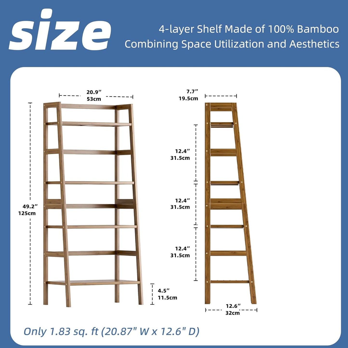 HITNET Ladder Shelf, 4-Tier Bamboo Bookshelf, Freestanding Open Display Storage Rack, Space Saving Flower Plant Display Stand for Bathroom Living Room, Walnut