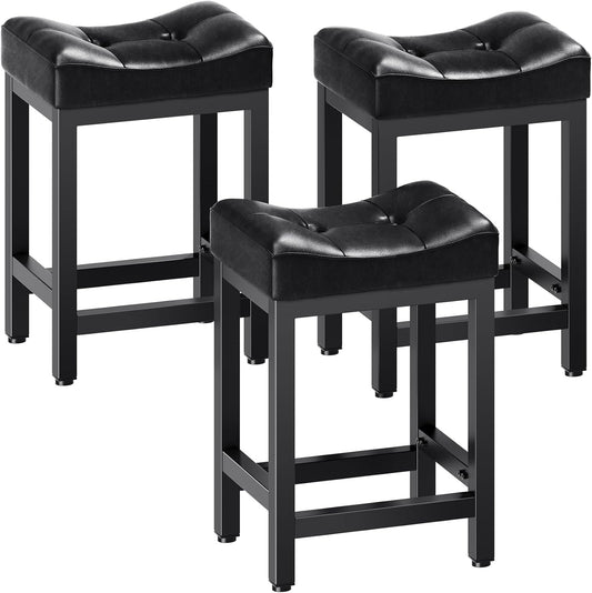 Dripex Backless Saddle Bar Stools Set of 3, Modern Faux Leather 24'' Counter Height Barstools with 4" Thick Seats & Heavy Duty Metal Legs, for Kitchen Island, Bar, Dining Room, Black
