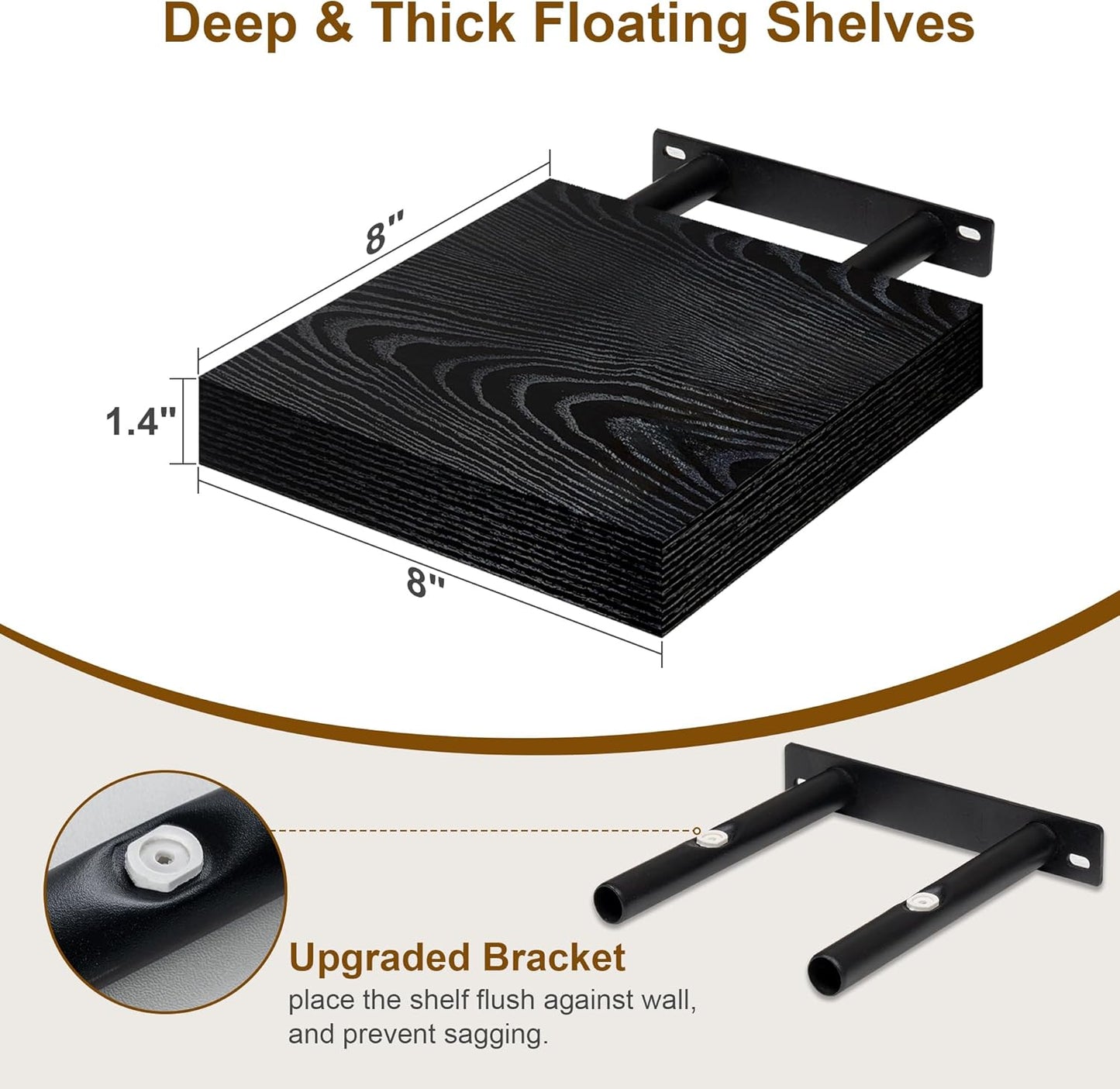 Fun Memories Black Floating Shelves 8 Inch Long, 8" Deep Wall Shelves, Small Deep Floating Shelf Square Wall Shelf, Rustic Display Shelves for Living Room, Bathroom, Kitchen, Set of 2