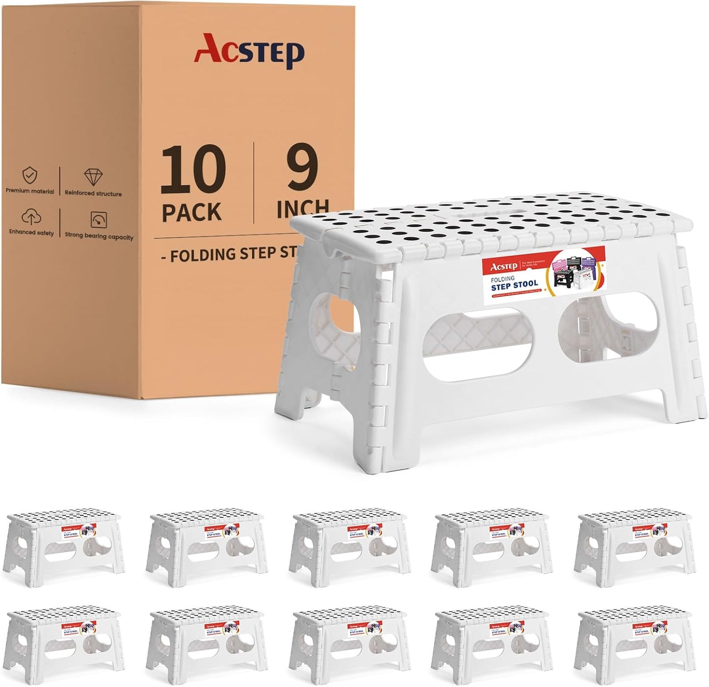 ACSTEP Folding Step Stool 9 Inch,15-Inch Extra Wide Heavy Duty Stepping Stool More Safe and Comfortable Non Slip Foldable Step Stool for Kids and Adults White, 10 Pack