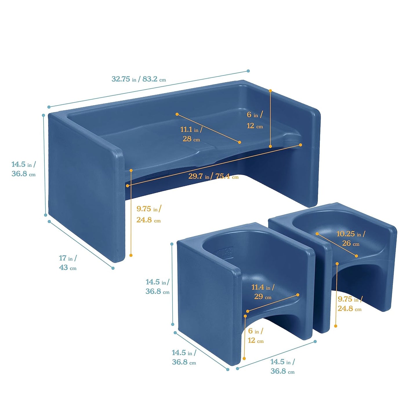 ECR4Kids Tri-Me Table and Cube Chair Set, Multipurpose Furniture, Navy, 3-Piece