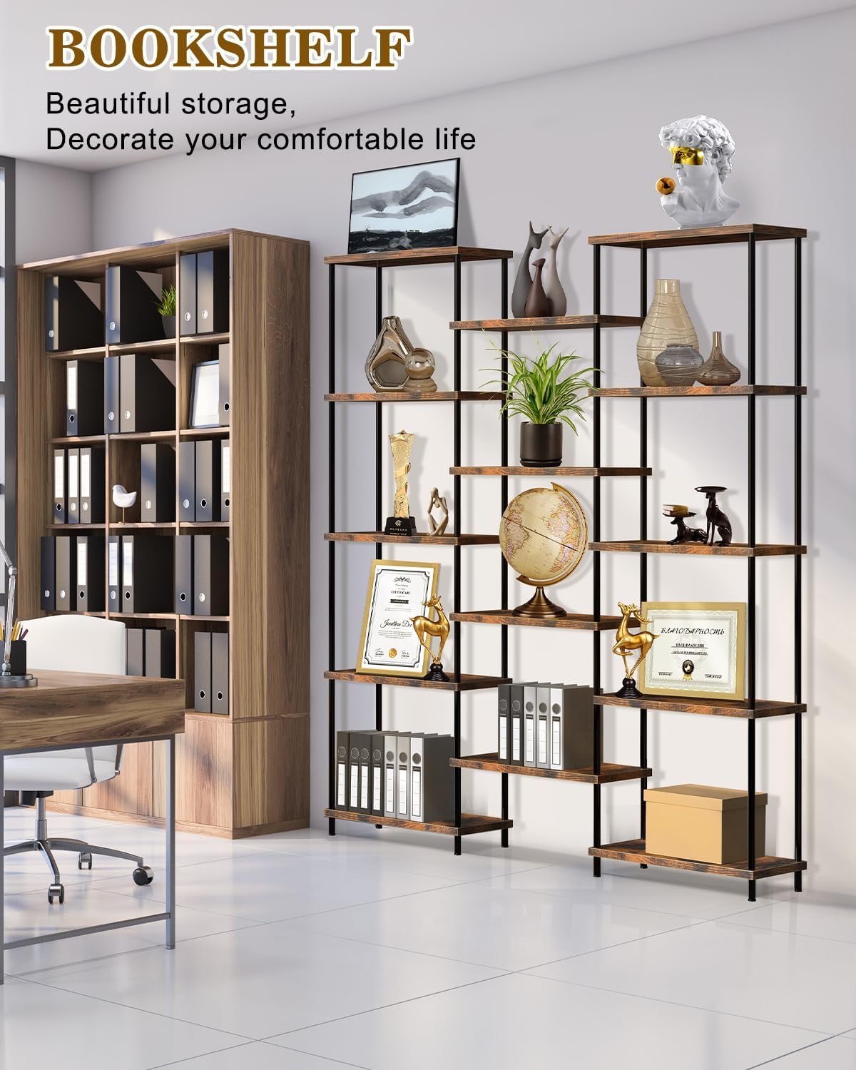 MOOACE 5 Tier Bookshelf, Industrial Style Bookcases with 14 Open Display Shelves, Open Large Storage Bookshelves Shelving with Anti-Falling Device for Bedroom,Living Room, Office Display Cabinet Brown